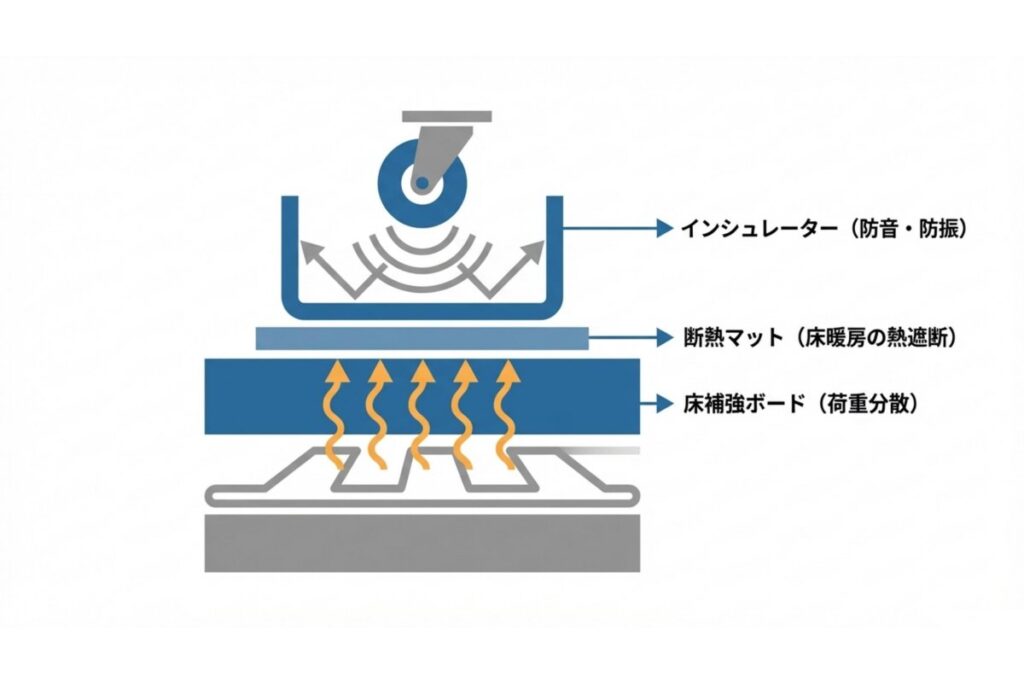 インシュレーターと断熱マット、床補強ボードの併用構成を示す解説図