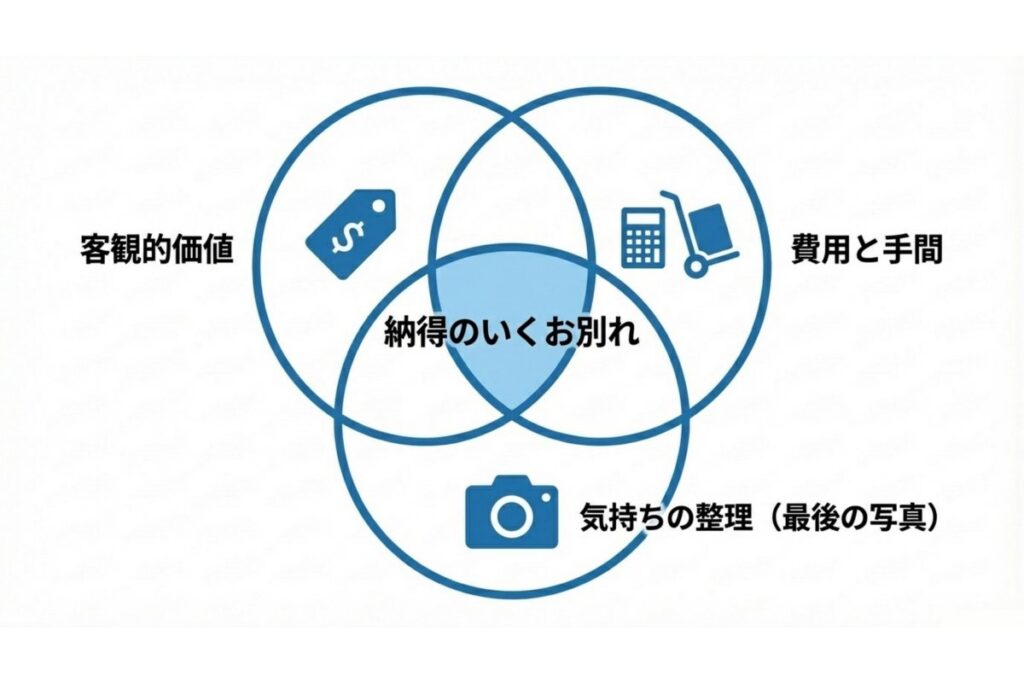 客観的価値、運搬費と手間、最後の写真による気持ちの整理で納得して手放す関係を示す図解