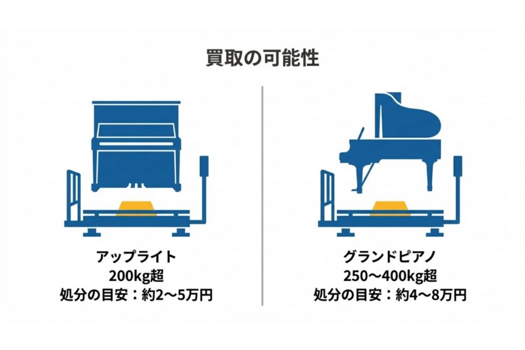 アップライトとグランドピアノの重量差と処分費用相場を示す比較図
