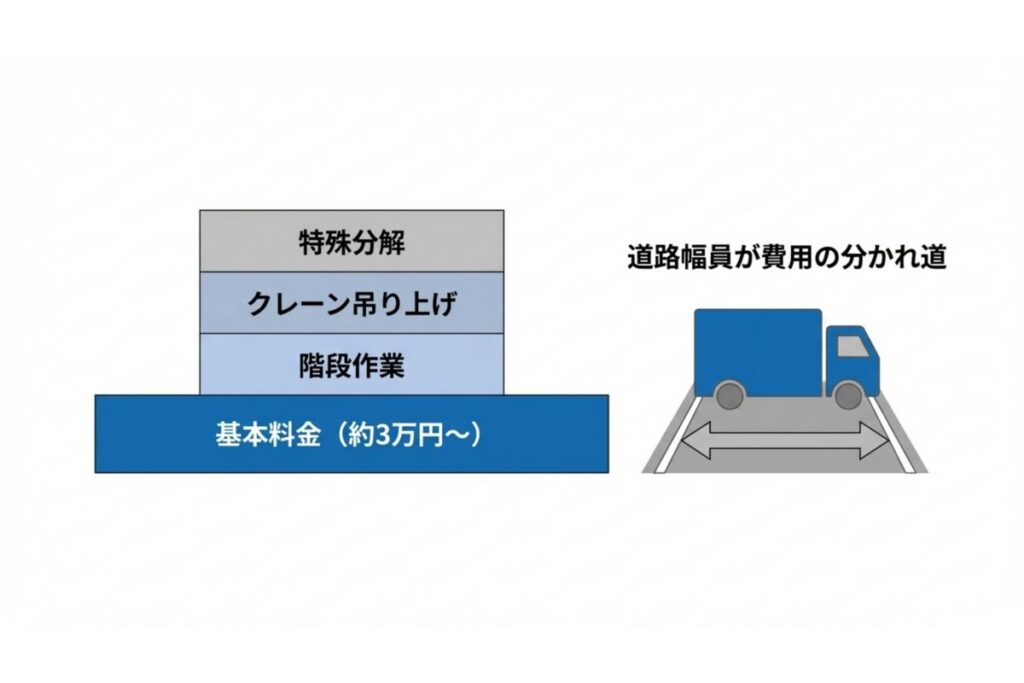基本運送料に階段作業やクレーン吊り上げ、特殊分解の追加料金が重なる費用内訳を示す図解