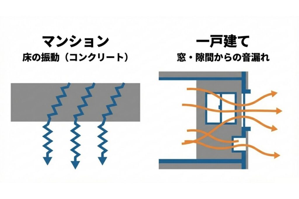 マンションの床振動と一戸建ての窓・隙間からの音漏れを比較した図解