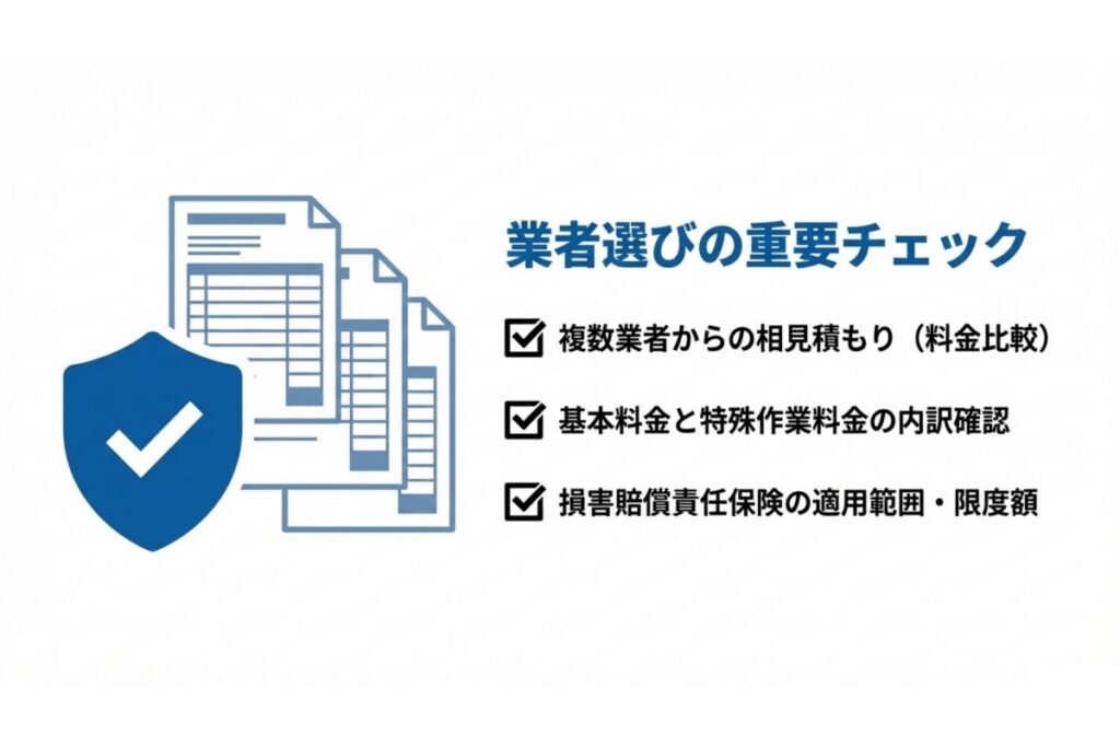 相見積もり時に料金内訳と損害賠償責任保険の適用範囲を確認する項目を示す解説図