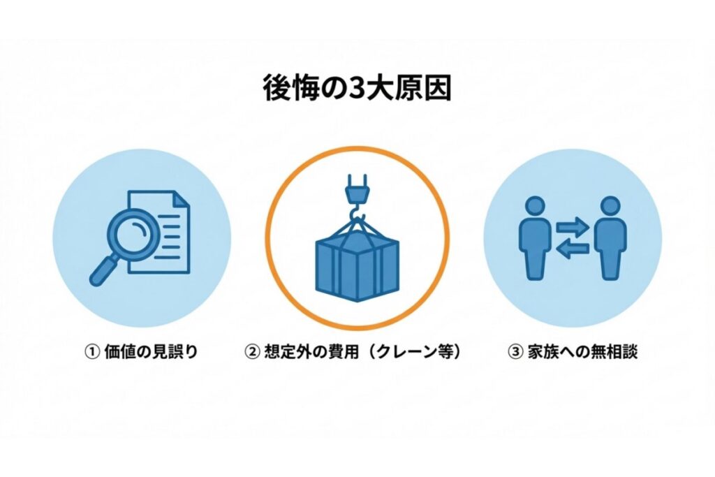 ピアノの価値査定の見誤りやクレーン搬出費、家族への無相談が後悔要因となる解説図