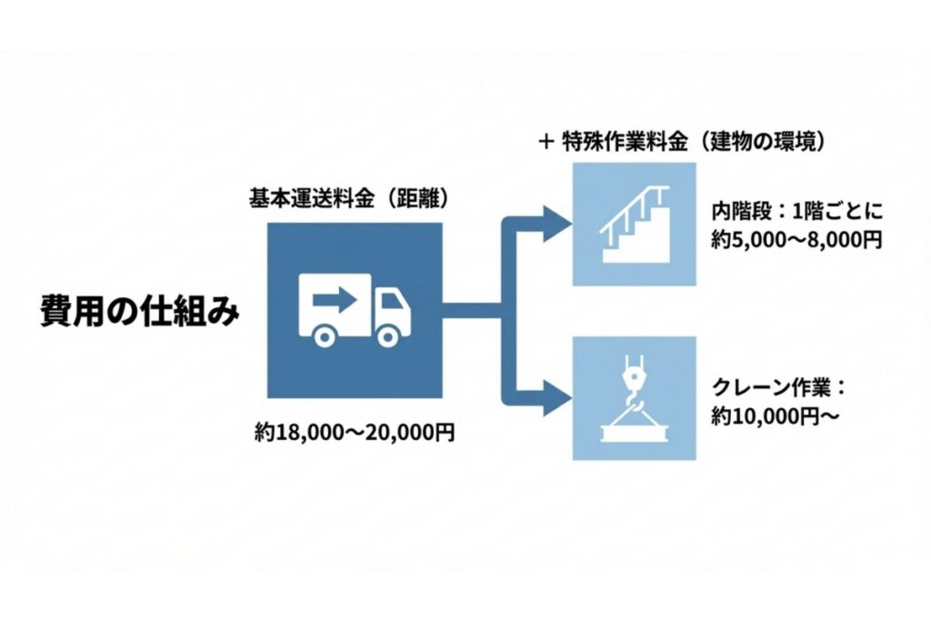 アップライトピアノ移動で基本運送料金に内階段料金とクレーン作業料が加算される費用構成を示す図解
