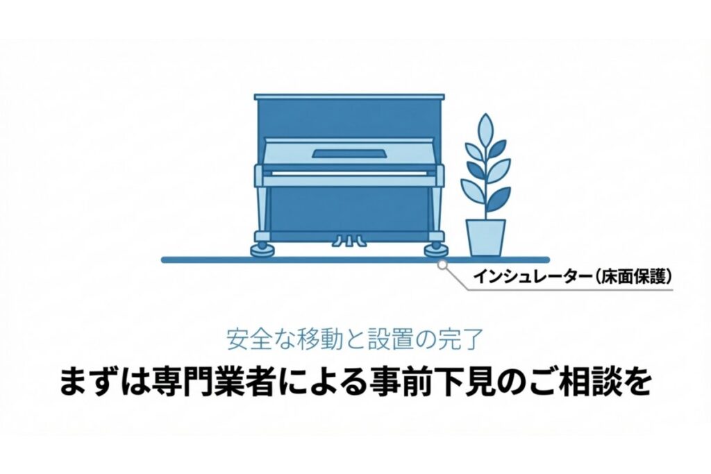 インシュレーター設置後のアップライトピアノの安全な設置完了状態を示すイメージ