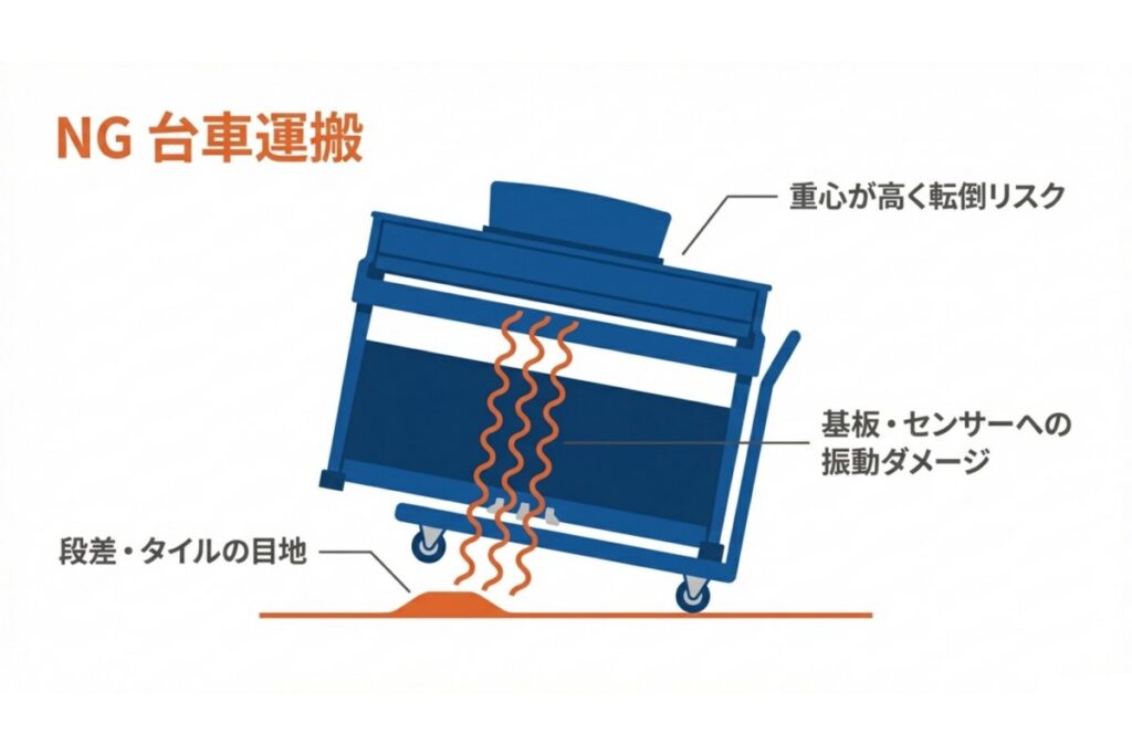 台車運搬で段差通過時に重心不安定とセンサー基板への振動負荷が生じる解説図