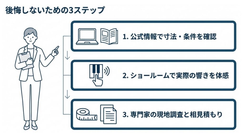 寸法確認・ショールーム体感・現地調査見積もりの3段階を示す導入フロー図