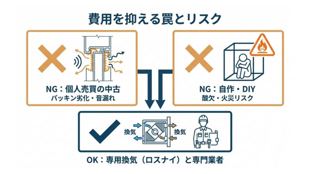 中古防音室の音漏れリスクとDIYの酸欠・火災リスク、適切な換気対策を示す図