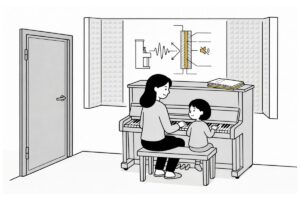 親子がピアノを弾く防音室のイメージイラスト