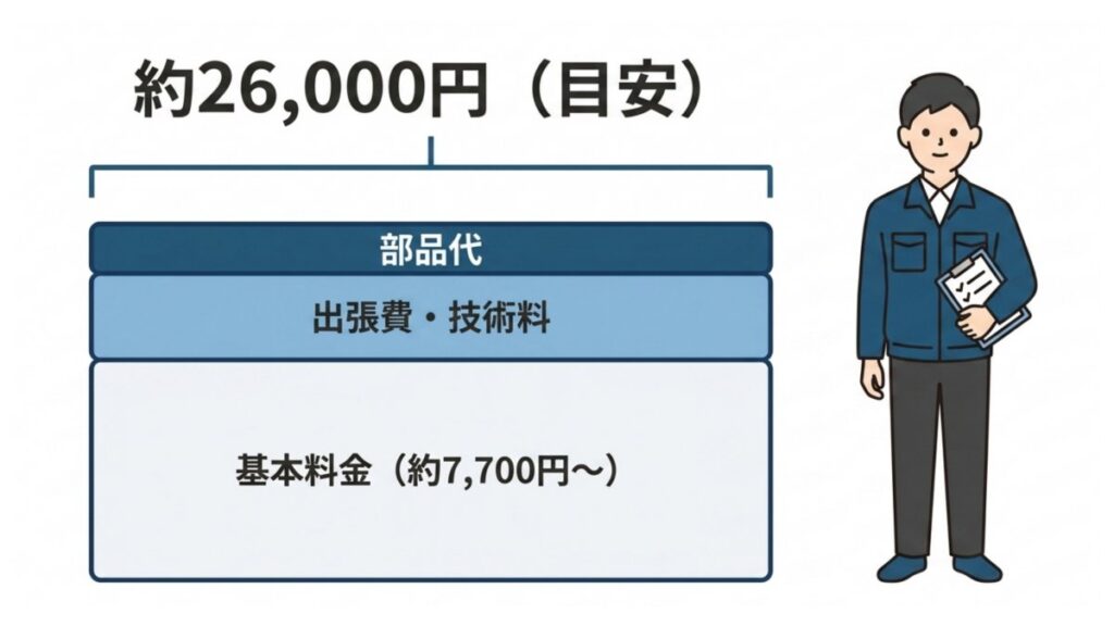 電子ピアノ修理にかかる部品代、出張費、技術料、基本料金の内訳と目安を示した料金図