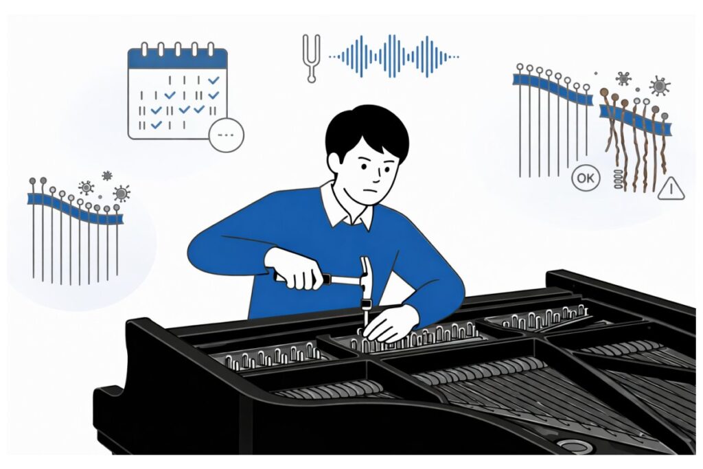 黒いグランドピアノを調律する作業員と調律頻度のイメージ