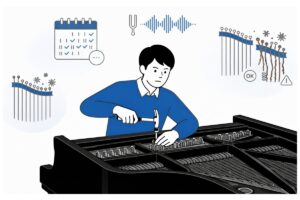 黒いグランドピアノを調律する作業員と調律頻度のイメージ