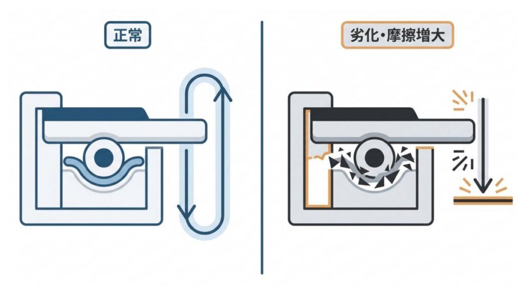 電子ピアノの鍵盤機構で、正常動作と劣化による摩擦増大で戻りが悪化する様子を比較した断面図