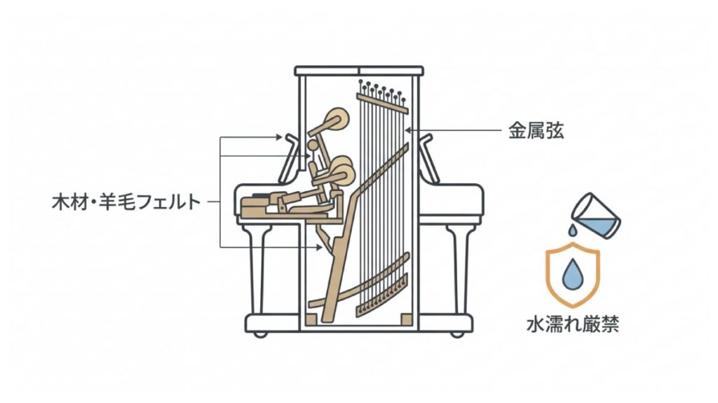木材・羊毛フェルト・金属弦を備えたピアノ内部構造と、水濡れ厳禁を示す解説図