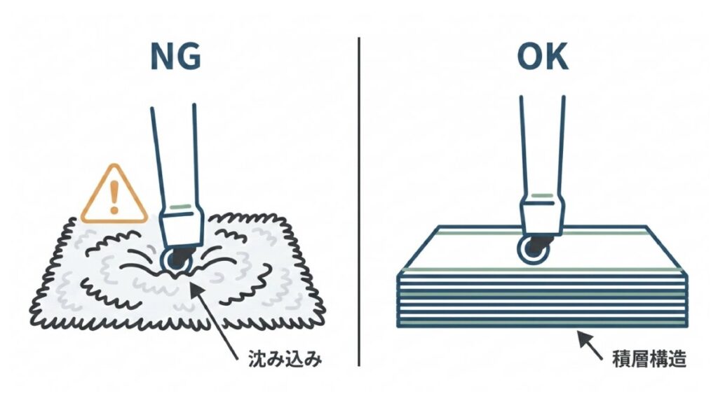 ラグへの沈み込みと積層構造マットの安定性を比較した防振対策の解説図