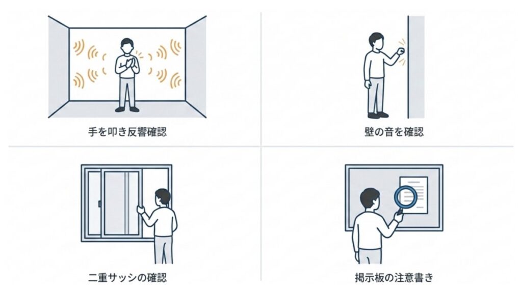 手たたきの反響、壁の音、二重サッシ、掲示板の注意書きを確認する内見チェック図