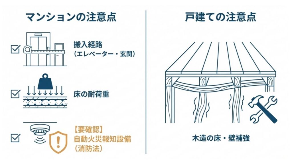 マンションの搬入経路・床耐荷重・消防設備と、戸建ての床壁補強を対比した解説図