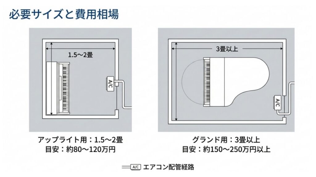 アップライトとグランドピアノに必要な防音室の広さと費用相場を示す配置図