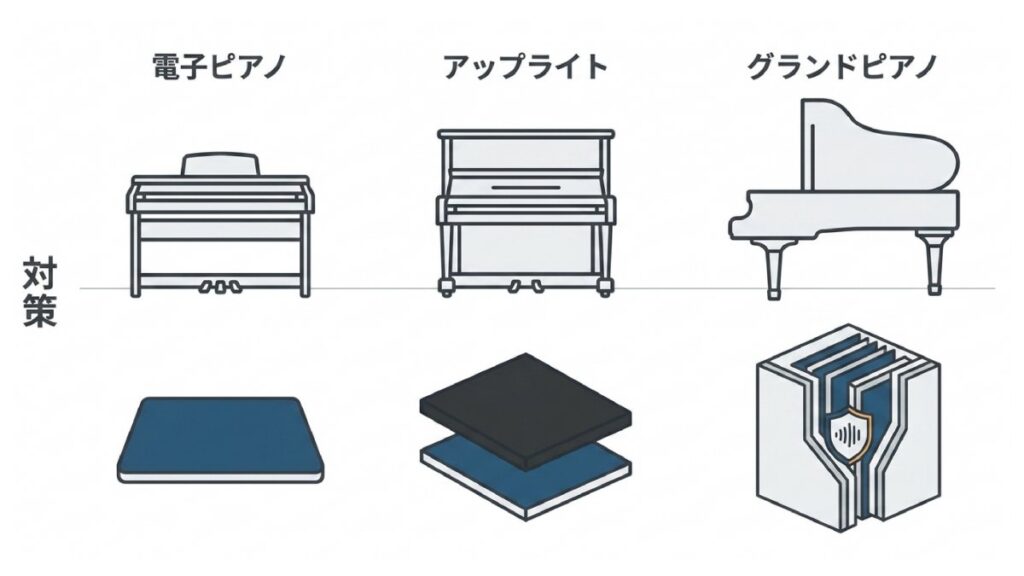 電子ピアノ、アップライト、グランドピアノ別の推奨対策を並べた比較図