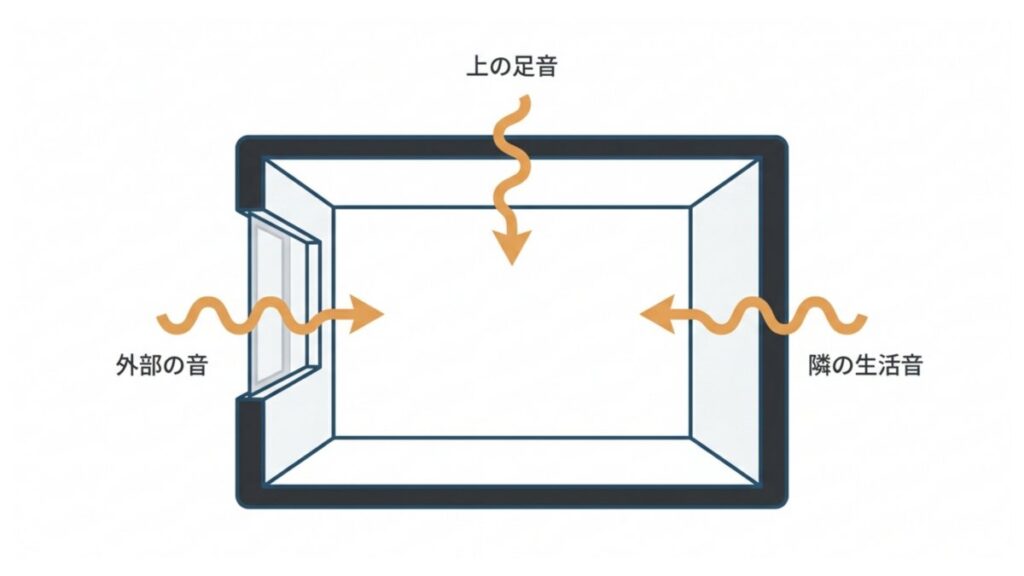 上の足音、外部の音、隣の生活音が室内へ伝わる経路を示す防音マンションの模式図