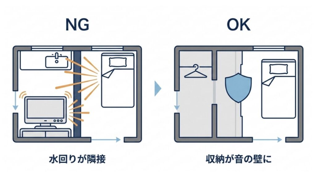 水回りが隣接する間取りと、収納を音の壁にした間取りの違いを示す比較図