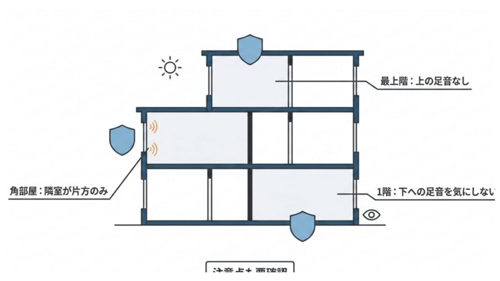 最上階、角部屋、1階の位置ごとに、足音や隣室音の回避ポイントを示す断面図