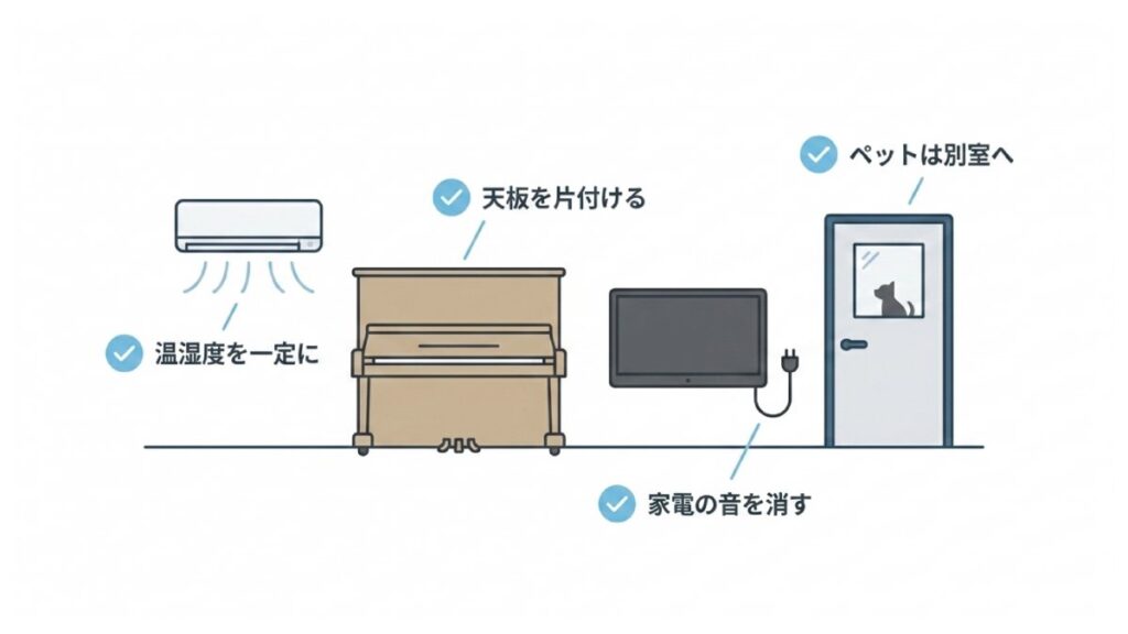 温湿度を一定に保ち、家電の音を消し、ペットを別室へ移す事前準備の解説図