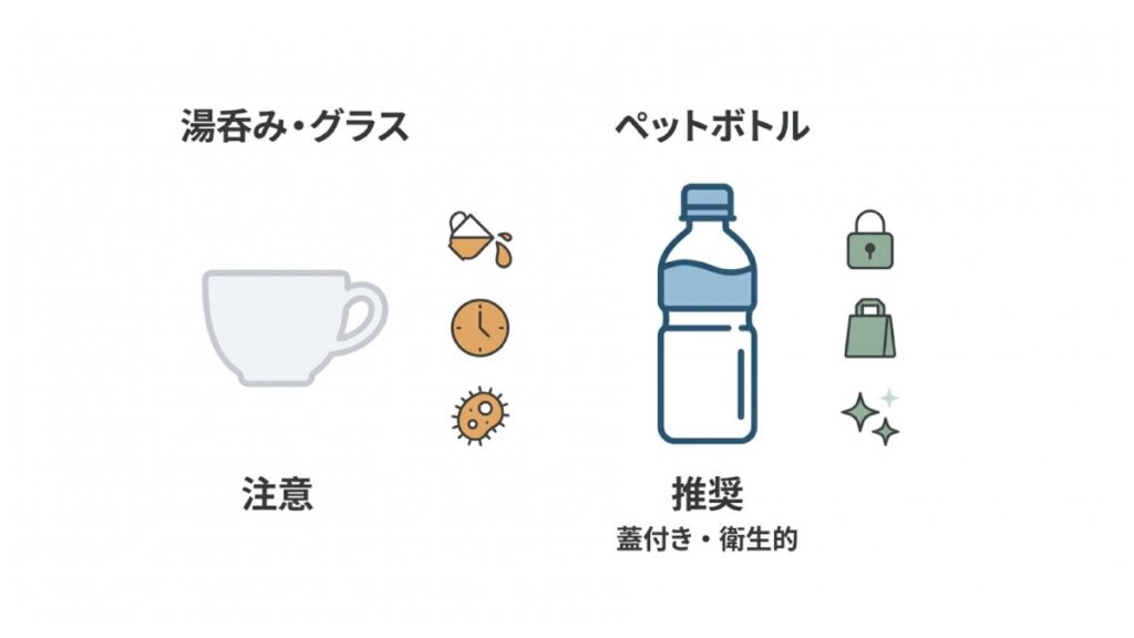 湯呑み・グラスとペットボトルを比較し、蓋付きで衛生的な飲み物対応を示す図