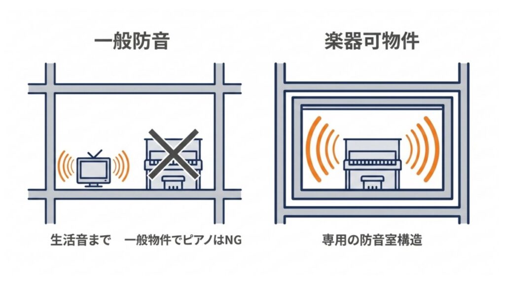 一般防音と楽器可物件の構造差を、生活音と専用防音室の断面で示す比較図