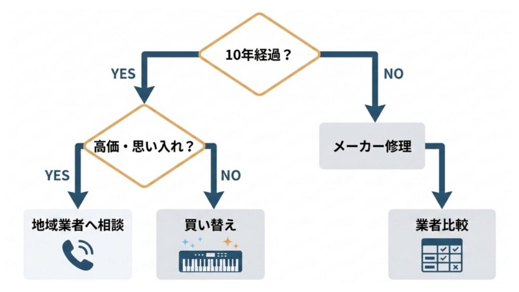 使用年数と製品価値の条件に応じて、メーカー修理、地域業者、買い替えを分岐するフロー図