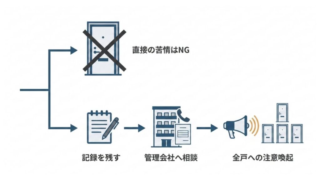 騒音記録から管理会社相談、全戸への注意喚起までの対応手順を示すフロー図