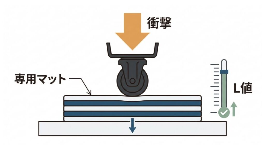 キャスターの衝撃を専用マットが吸収し、床衝撃音のL値低減を示す解説図