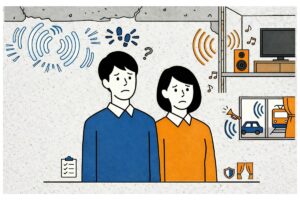 防音マンションなのにうるさいと悩む住人と生活音のイメージ