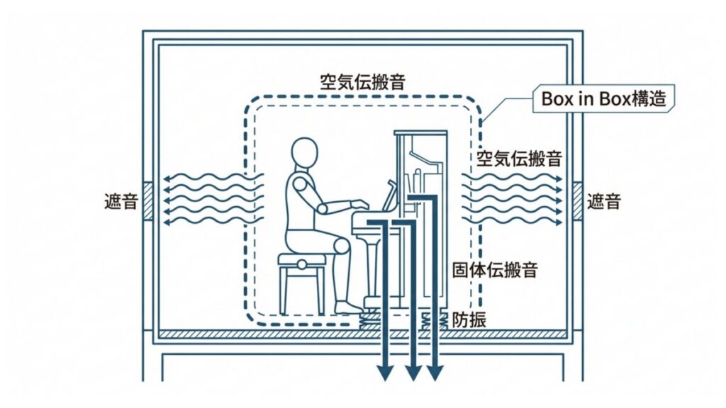 ピアノ防音室の遮音・防振と空気伝搬音・固体伝搬音の関係を示すBox in Box構造図