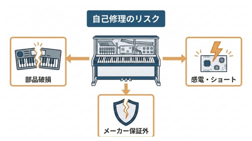 電子ピアノの自己修理で生じる部品破損、感電・ショート、メーカー保証外の危険を示した図解