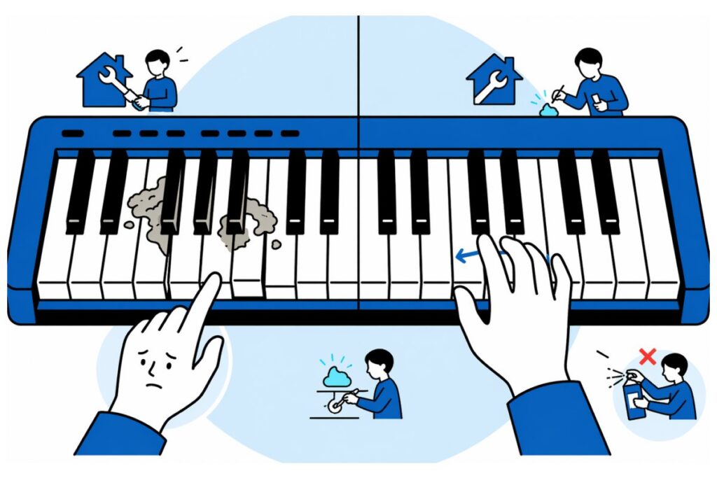 電子ピアノの鍵盤が戻らないときに自分で修理する前の注意点を示すイラスト