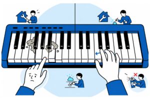 電子ピアノの鍵盤が戻らないときに自分で修理する前の注意点を示すイラスト