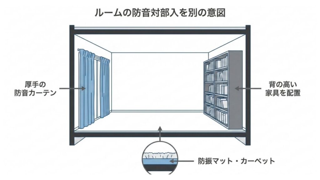 厚手の防音カーテン、本棚、防振マット・カーペットの配置を示す室内対策図